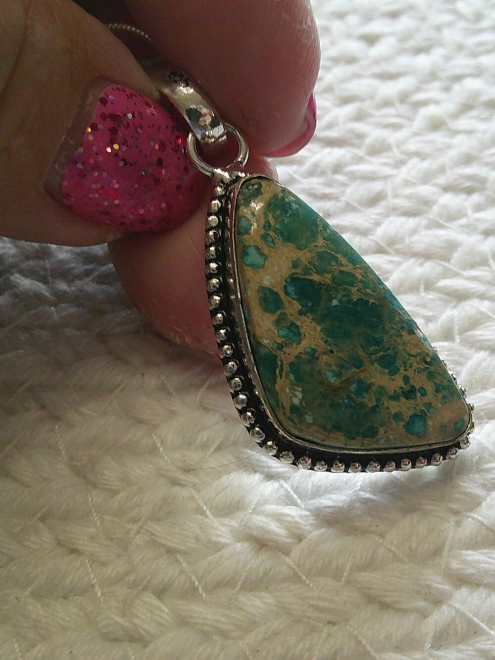 BLUE/GREEN SEA SEDIMENT JASPER Handmade Sterling 925 Pendant/Chain #906E
